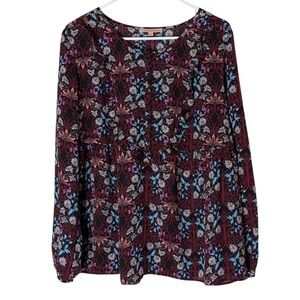 Gibson Latimer Blouse Ruffle Front Long Sleeve Black Floral Peasant Womens Large